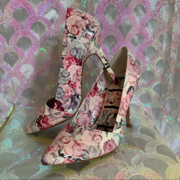 Elle Patent "Pleather" Floral Pastel Pointed Straight Toe Stiletto Pumps Size 10 - Picture 2 of 14